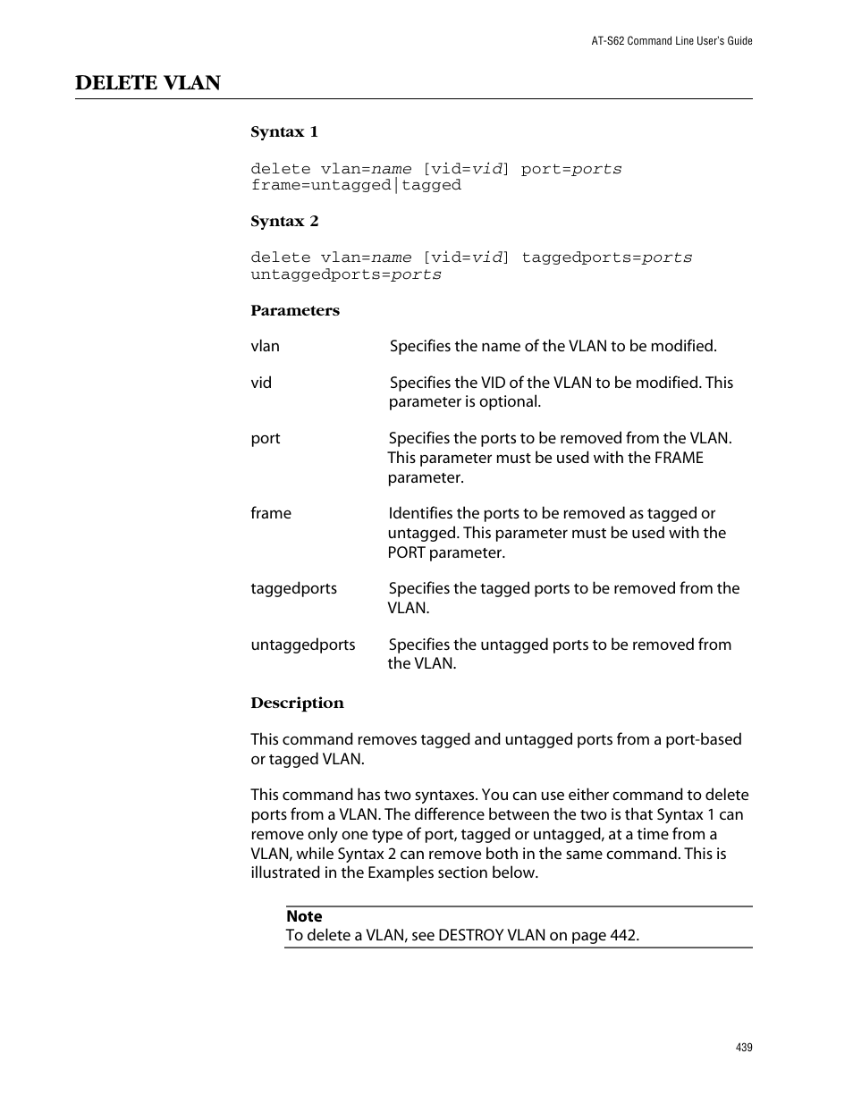 Delete vlan | Allied Telesis AT-S62 User Manual | Page 439 / 573