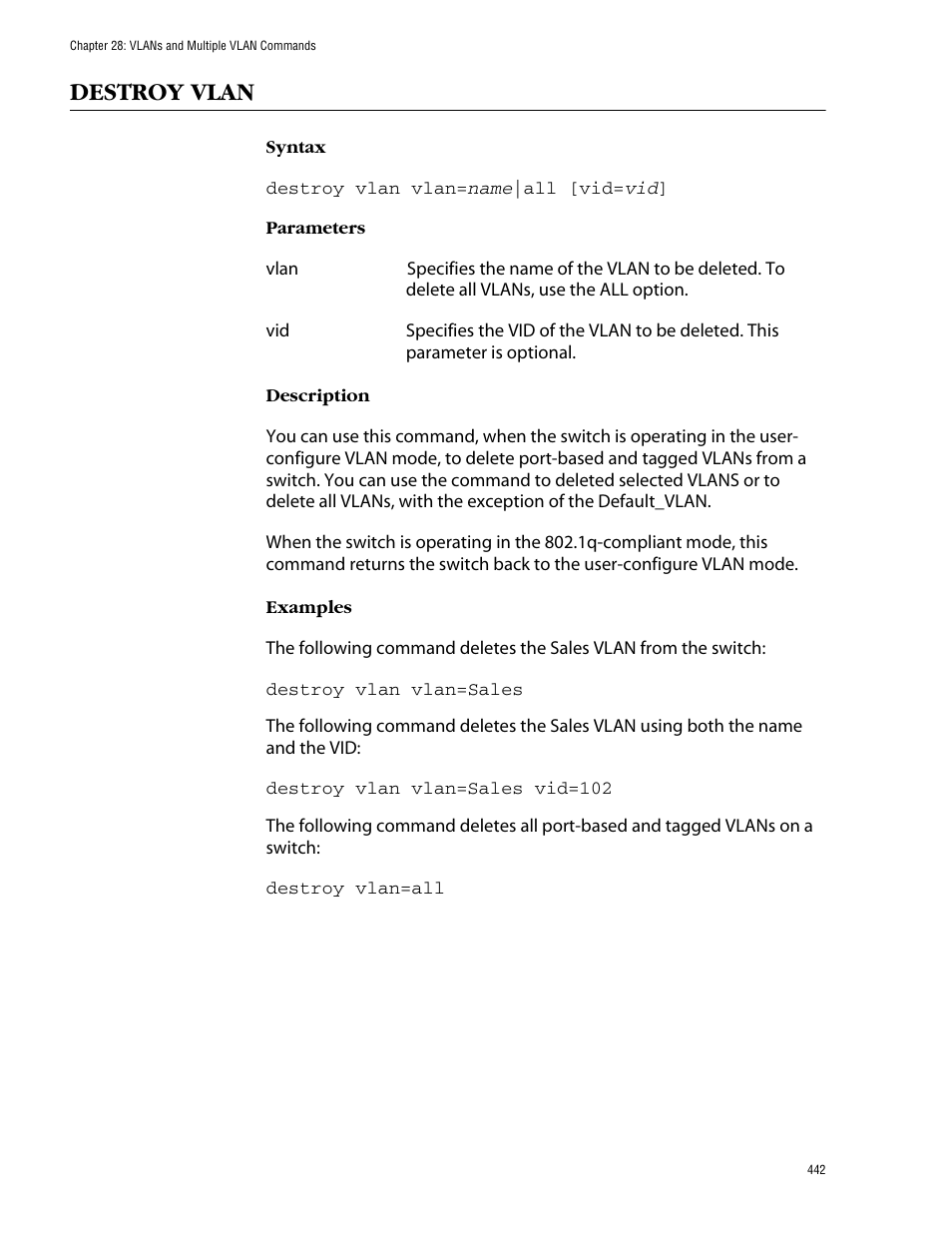 Destroy vlan | Allied Telesis AT-S62 User Manual | Page 442 / 573