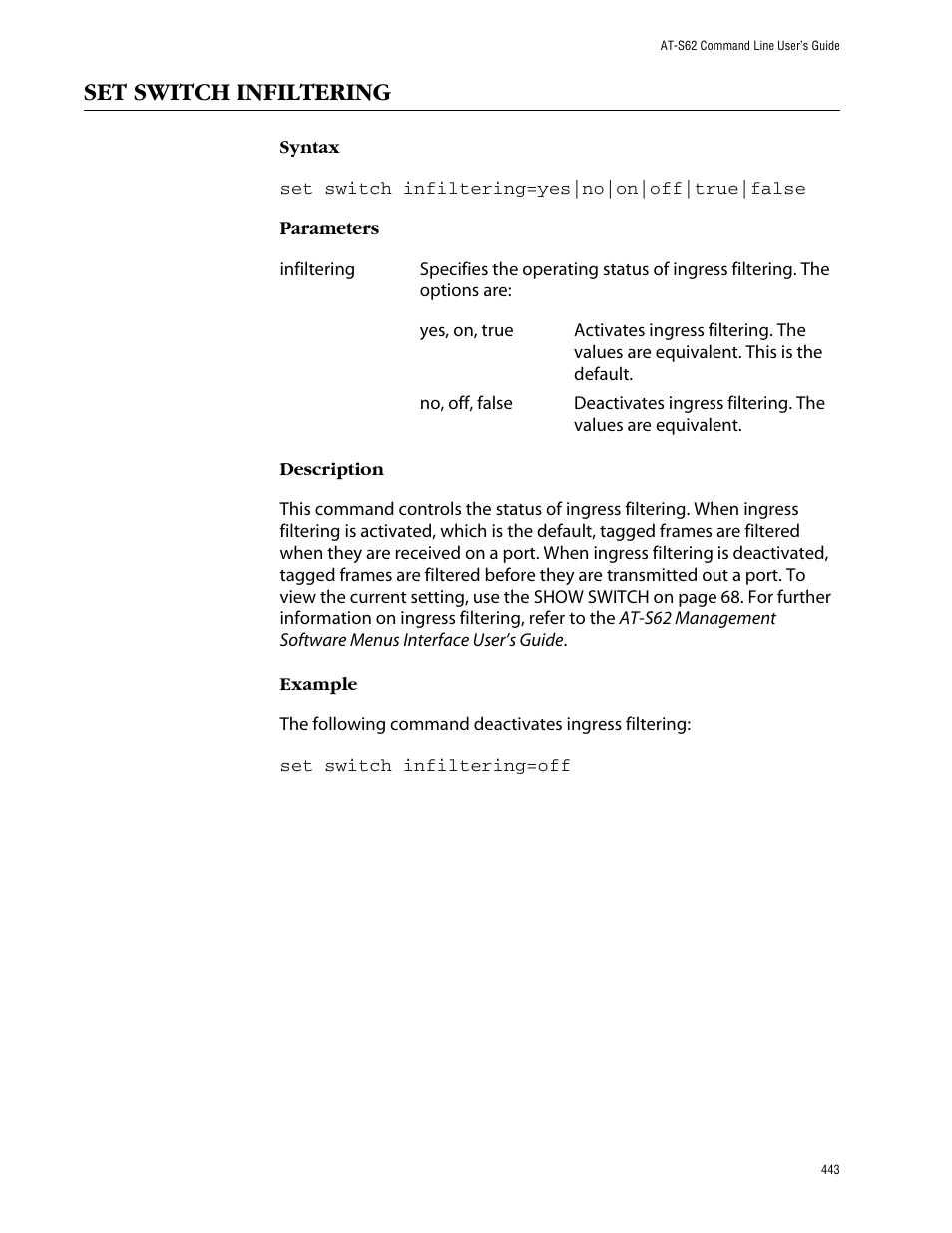 Set switch infiltering | Allied Telesis AT-S62 User Manual | Page 443 / 573