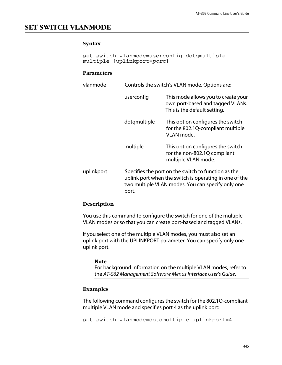 Set switch vlanmode | Allied Telesis AT-S62 User Manual | Page 445 / 573