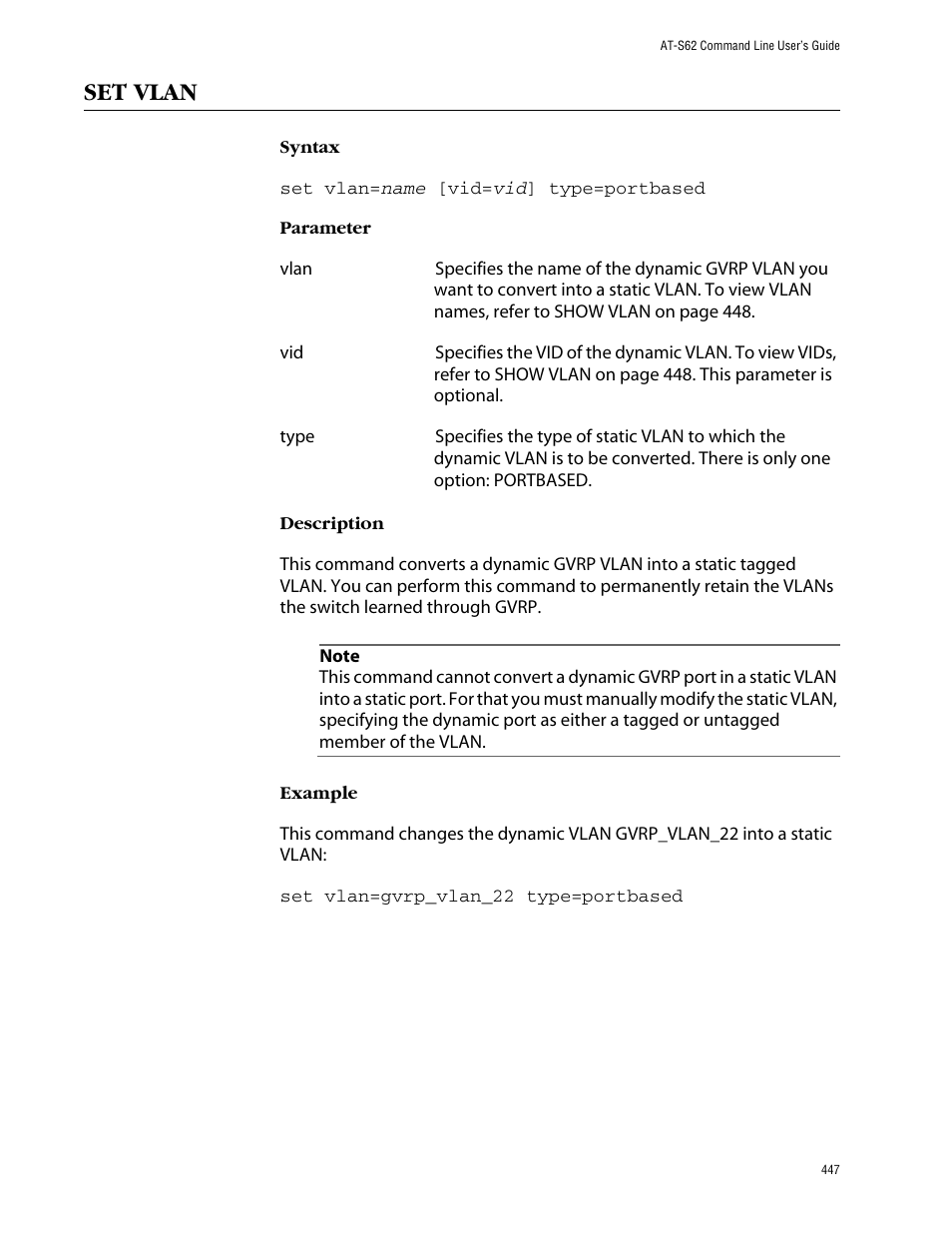 Set vlan | Allied Telesis AT-S62 User Manual | Page 447 / 573