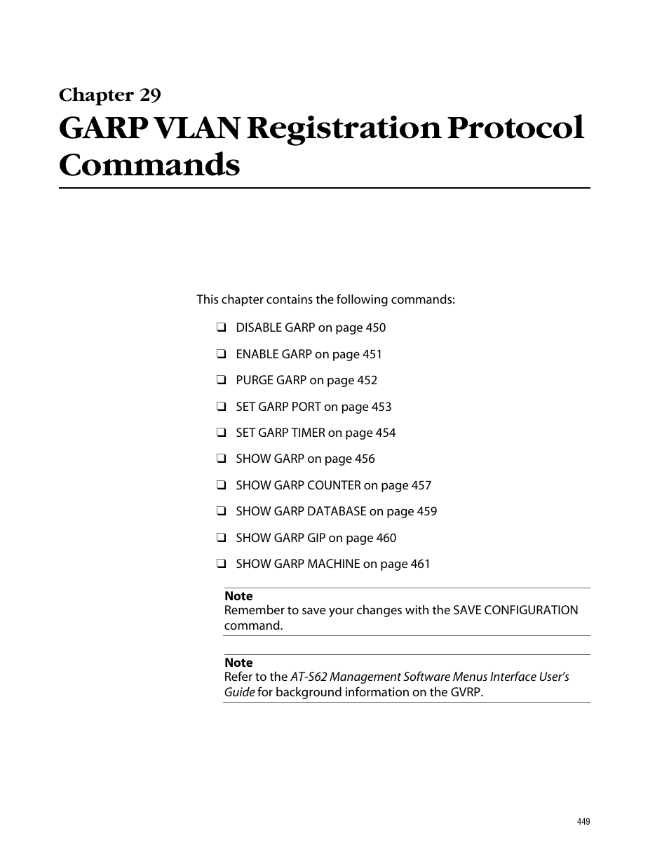 Chapter 29, Garp vlan registration protocol commands | Allied Telesis AT-S62 User Manual | Page 449 / 573