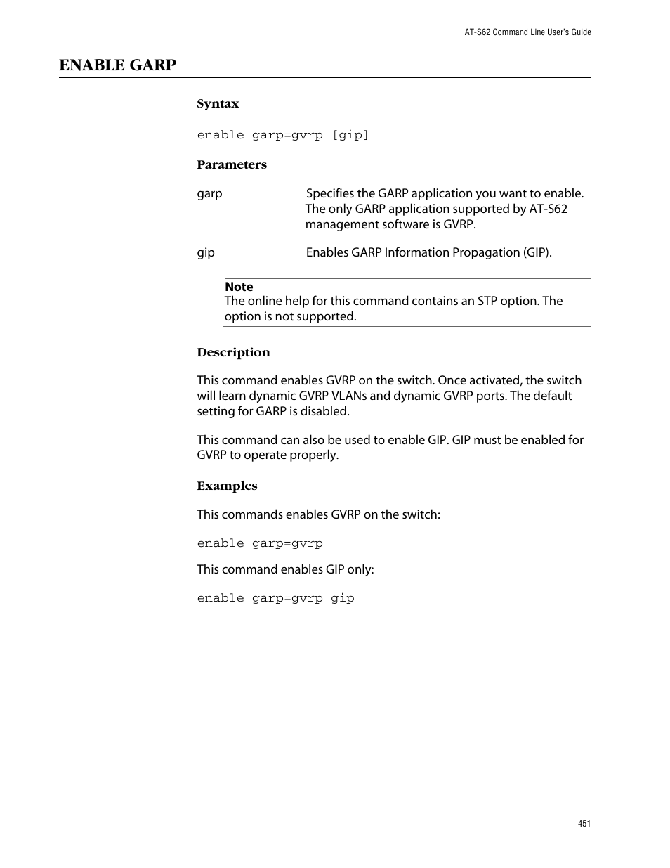 Enable garp | Allied Telesis AT-S62 User Manual | Page 451 / 573