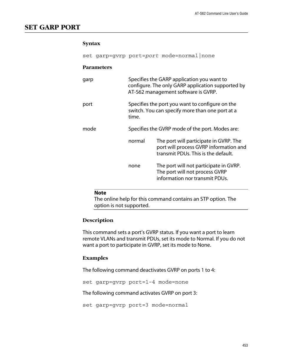 Set garp port | Allied Telesis AT-S62 User Manual | Page 453 / 573