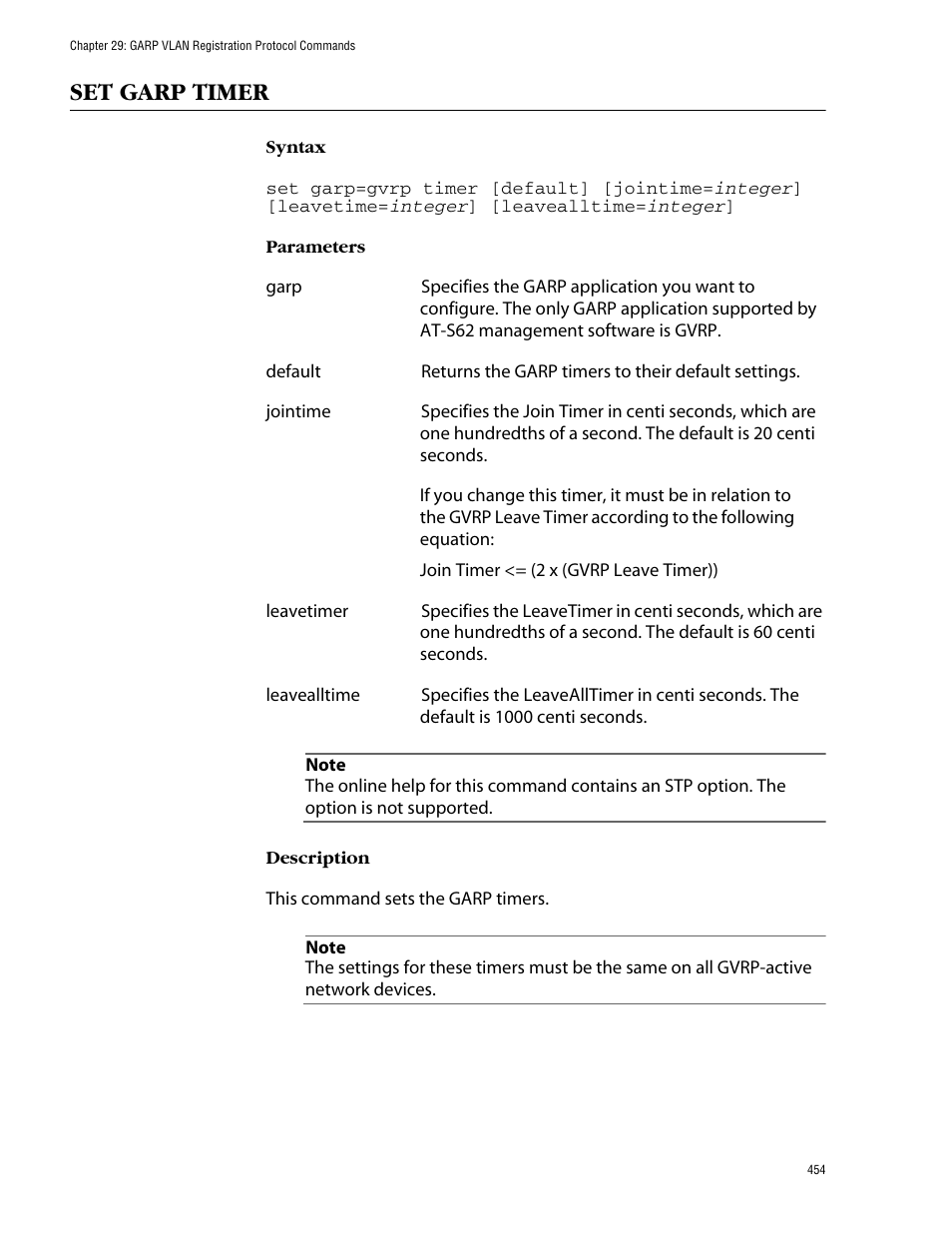 Set garp timer | Allied Telesis AT-S62 User Manual | Page 454 / 573