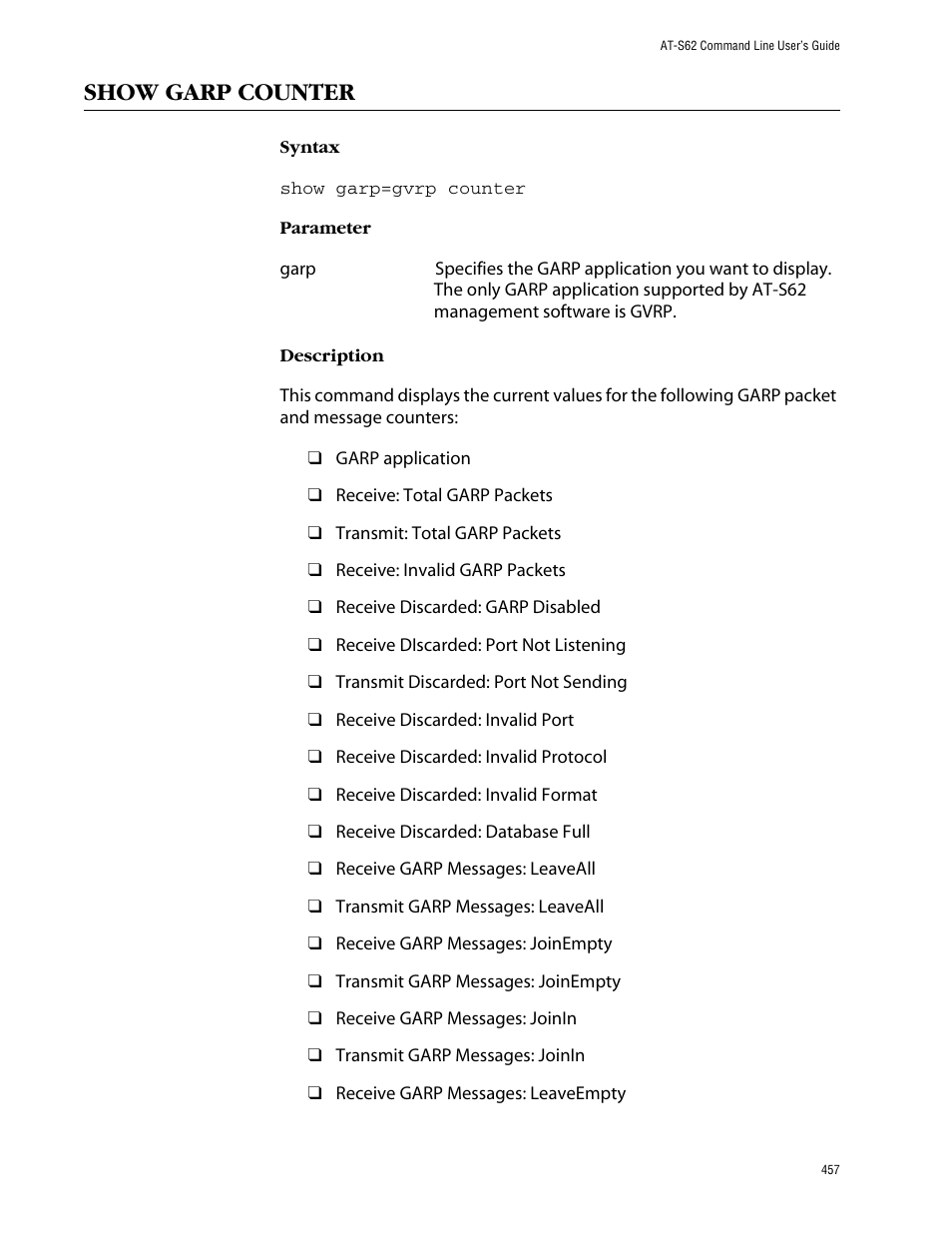 Show garp counter | Allied Telesis AT-S62 User Manual | Page 457 / 573