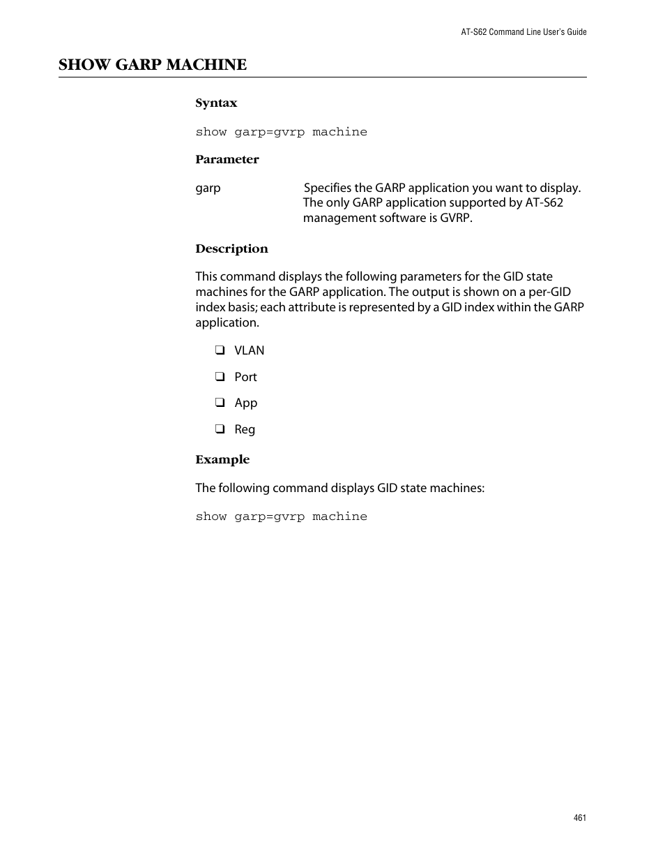 Show garp machine | Allied Telesis AT-S62 User Manual | Page 461 / 573