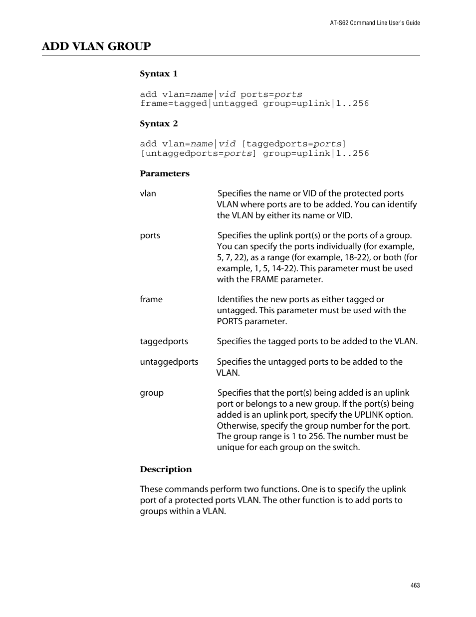 Add vlan group | Allied Telesis AT-S62 User Manual | Page 463 / 573