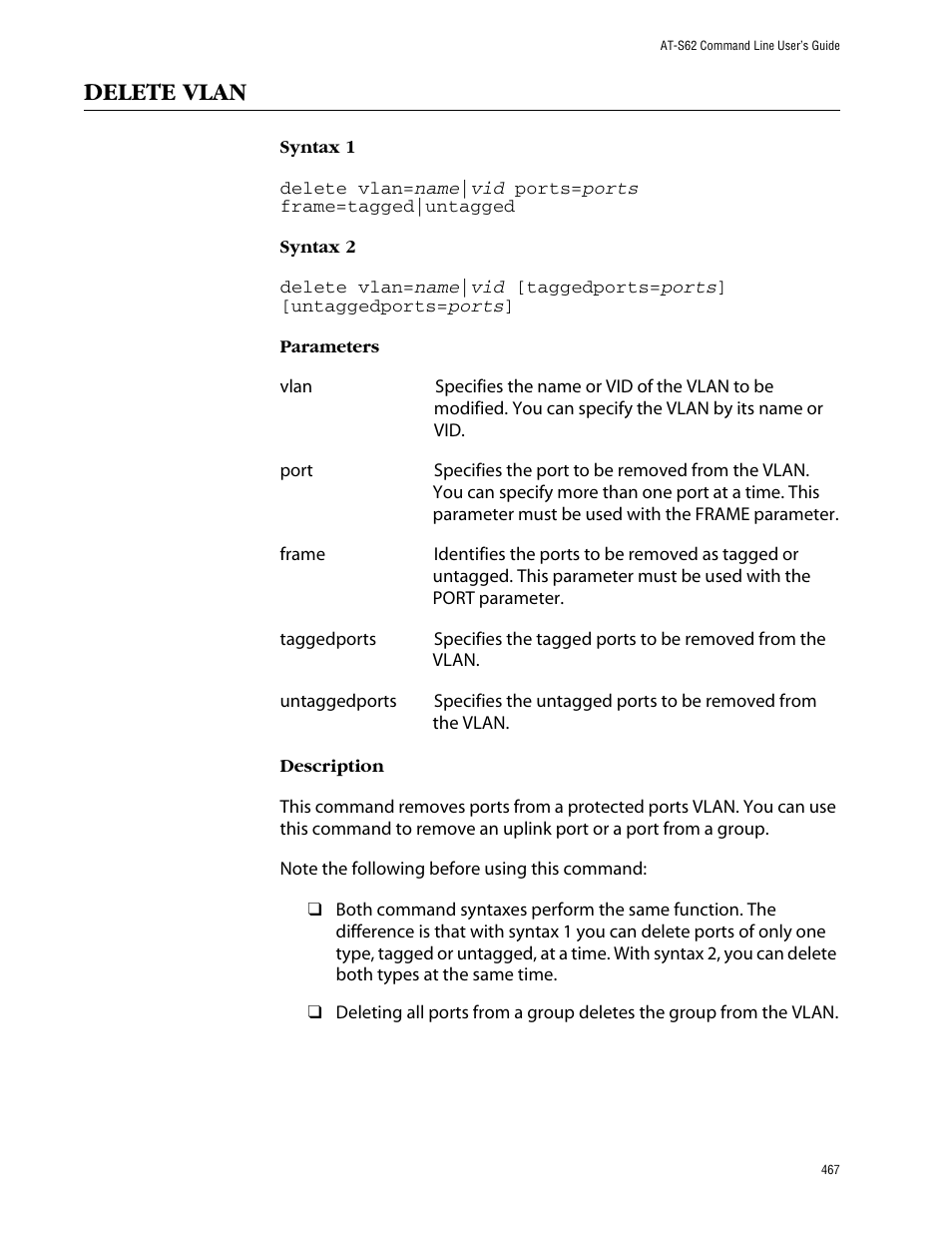 Delete vlan | Allied Telesis AT-S62 User Manual | Page 467 / 573