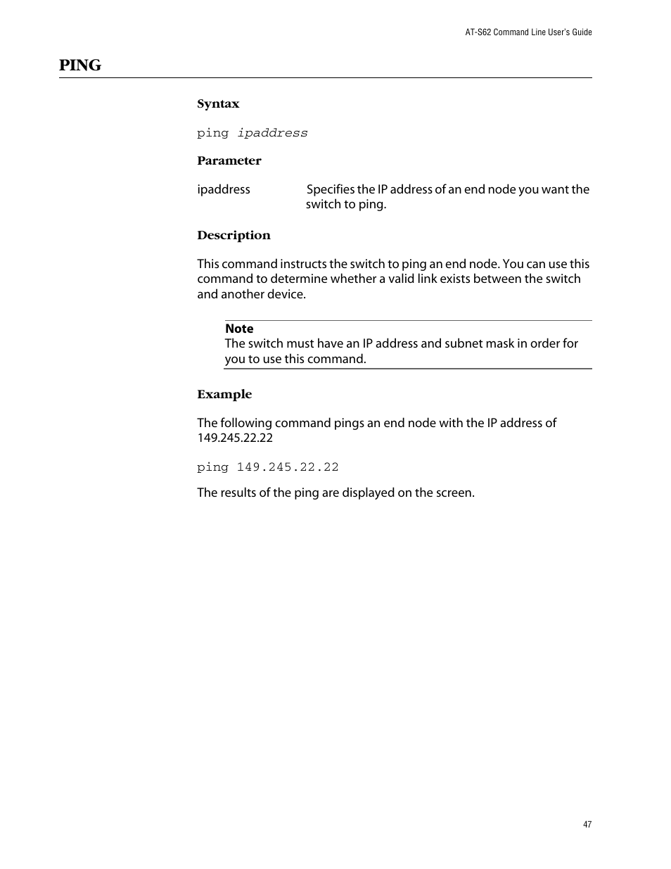 Ping | Allied Telesis AT-S62 User Manual | Page 47 / 573