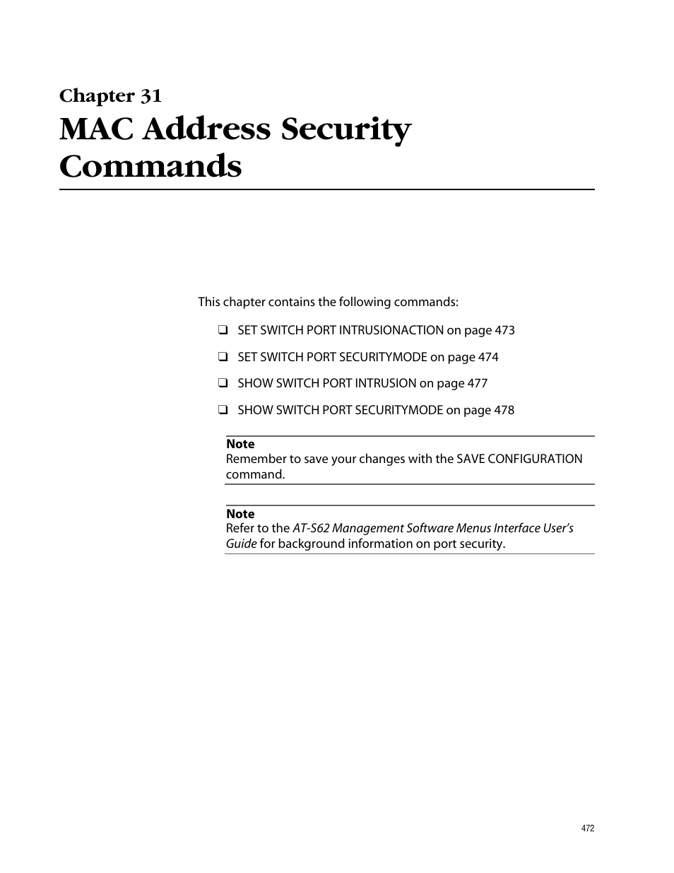 Chapter 31, Mac address security commands | Allied Telesis AT-S62 User Manual | Page 472 / 573