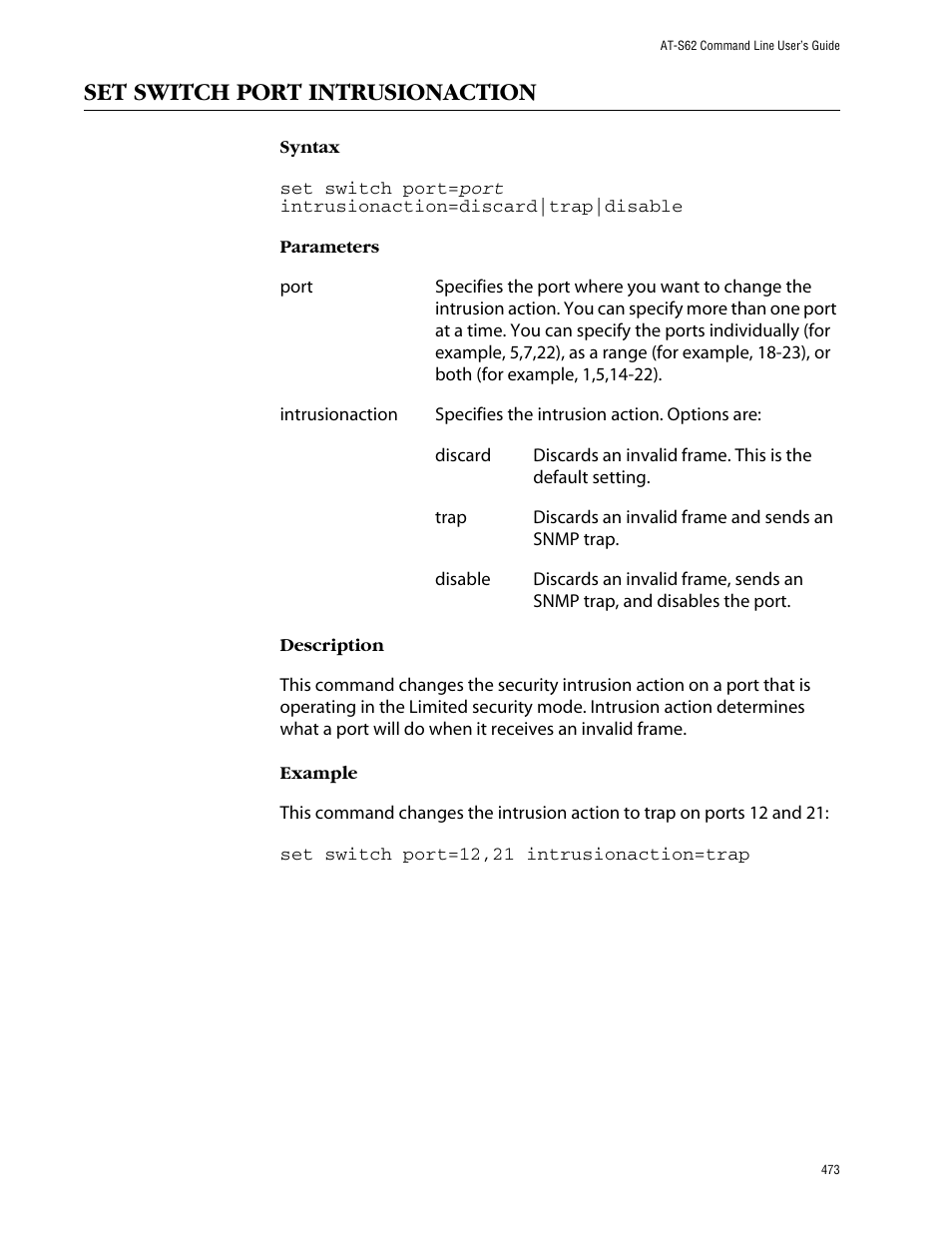 Set switch port intrusionaction | Allied Telesis AT-S62 User Manual | Page 473 / 573