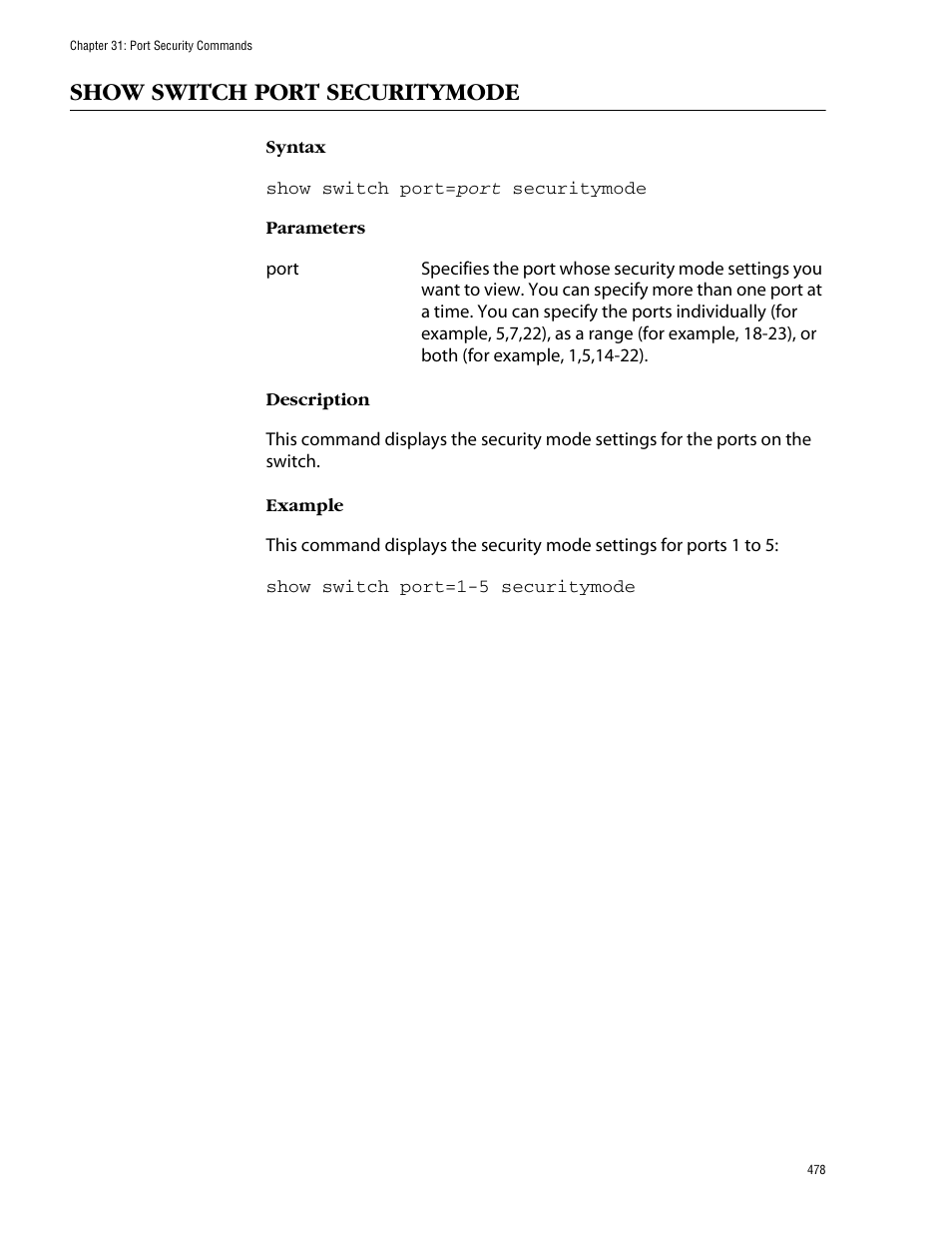 Show switch port securitymode | Allied Telesis AT-S62 User Manual | Page 478 / 573