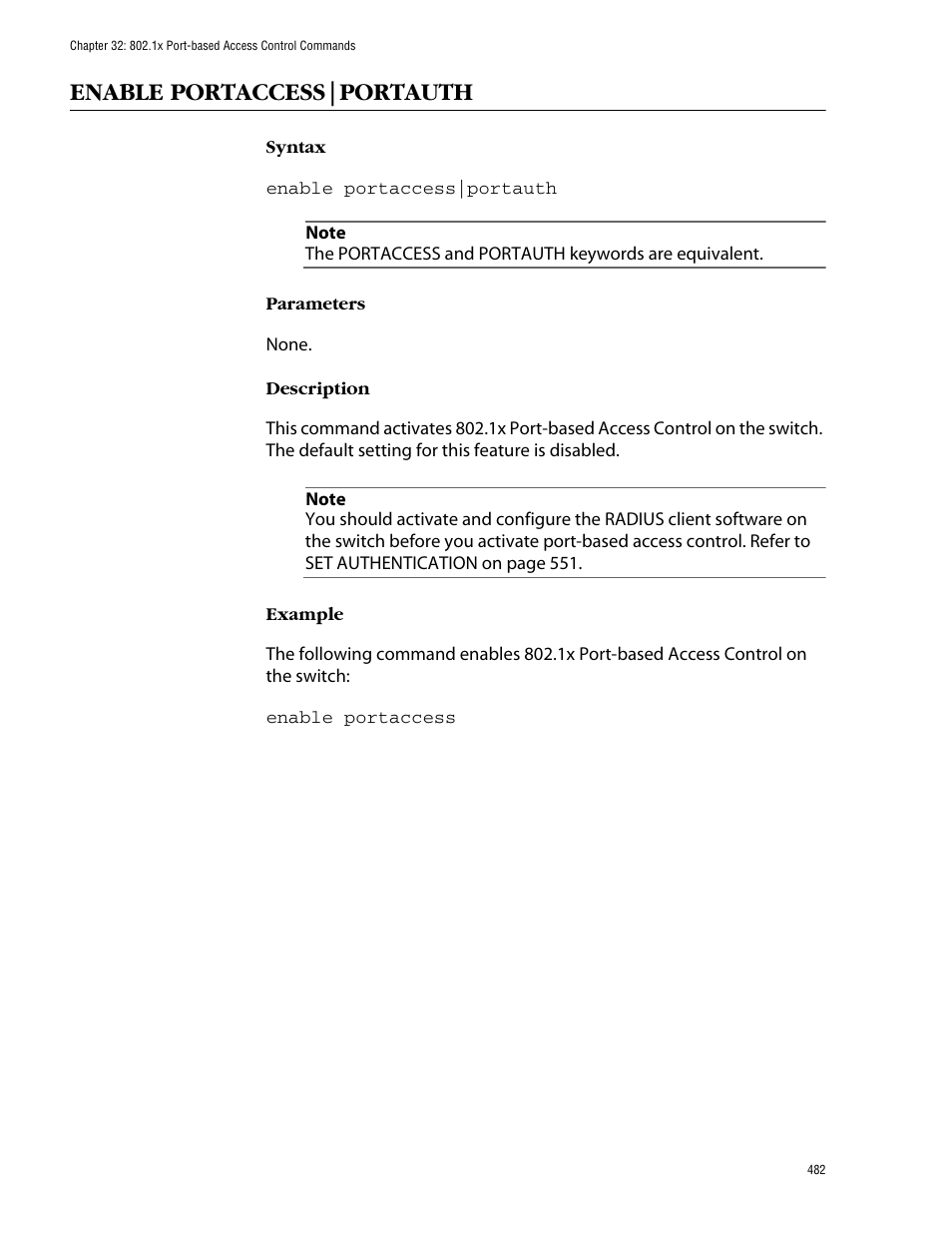 Enable portaccess|portauth | Allied Telesis AT-S62 User Manual | Page 482 / 573