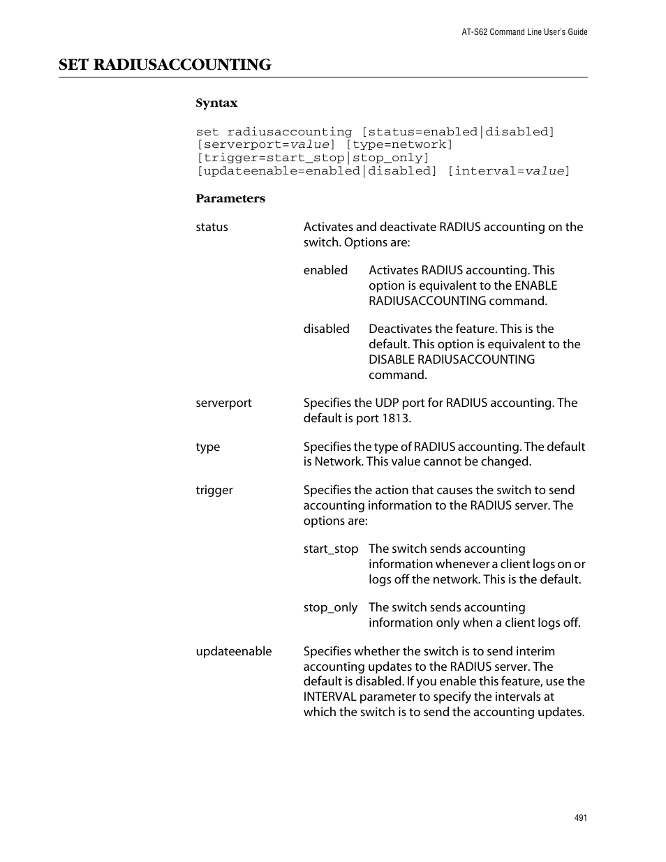 Set radiusaccounting | Allied Telesis AT-S62 User Manual | Page 491 / 573