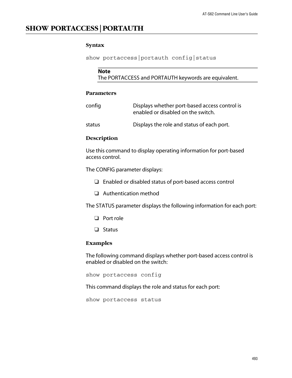 Show portaccess|portauth | Allied Telesis AT-S62 User Manual | Page 493 / 573