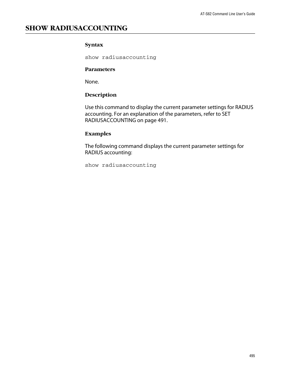 Show radiusaccounting | Allied Telesis AT-S62 User Manual | Page 495 / 573