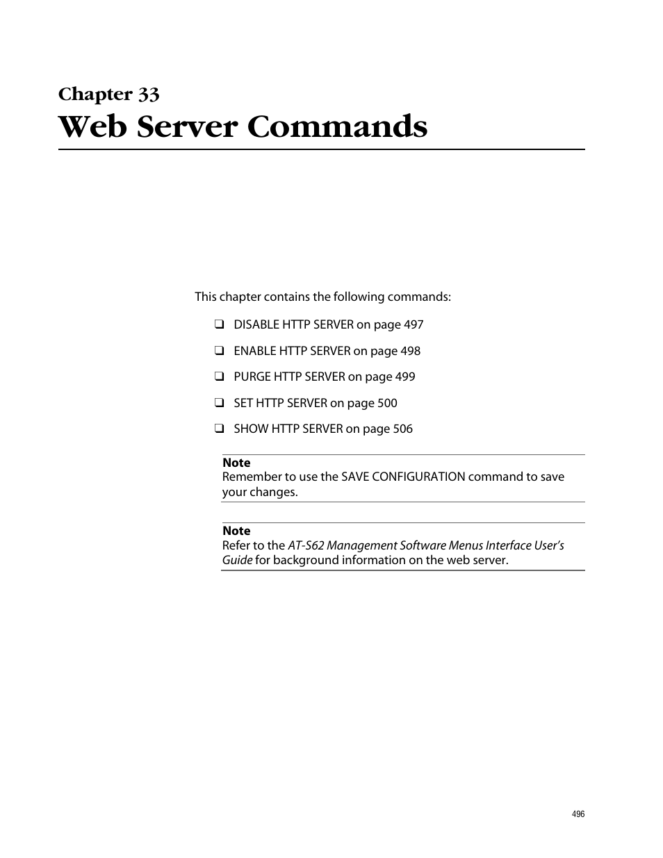 Chapter 33, Web server commands | Allied Telesis AT-S62 User Manual | Page 496 / 573