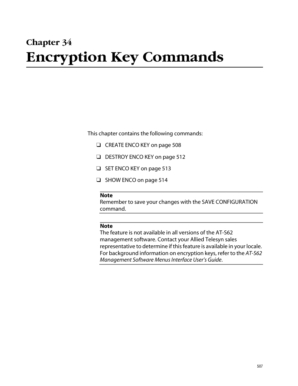 Chapter 34, Encryption key commands | Allied Telesis AT-S62 User Manual | Page 507 / 573