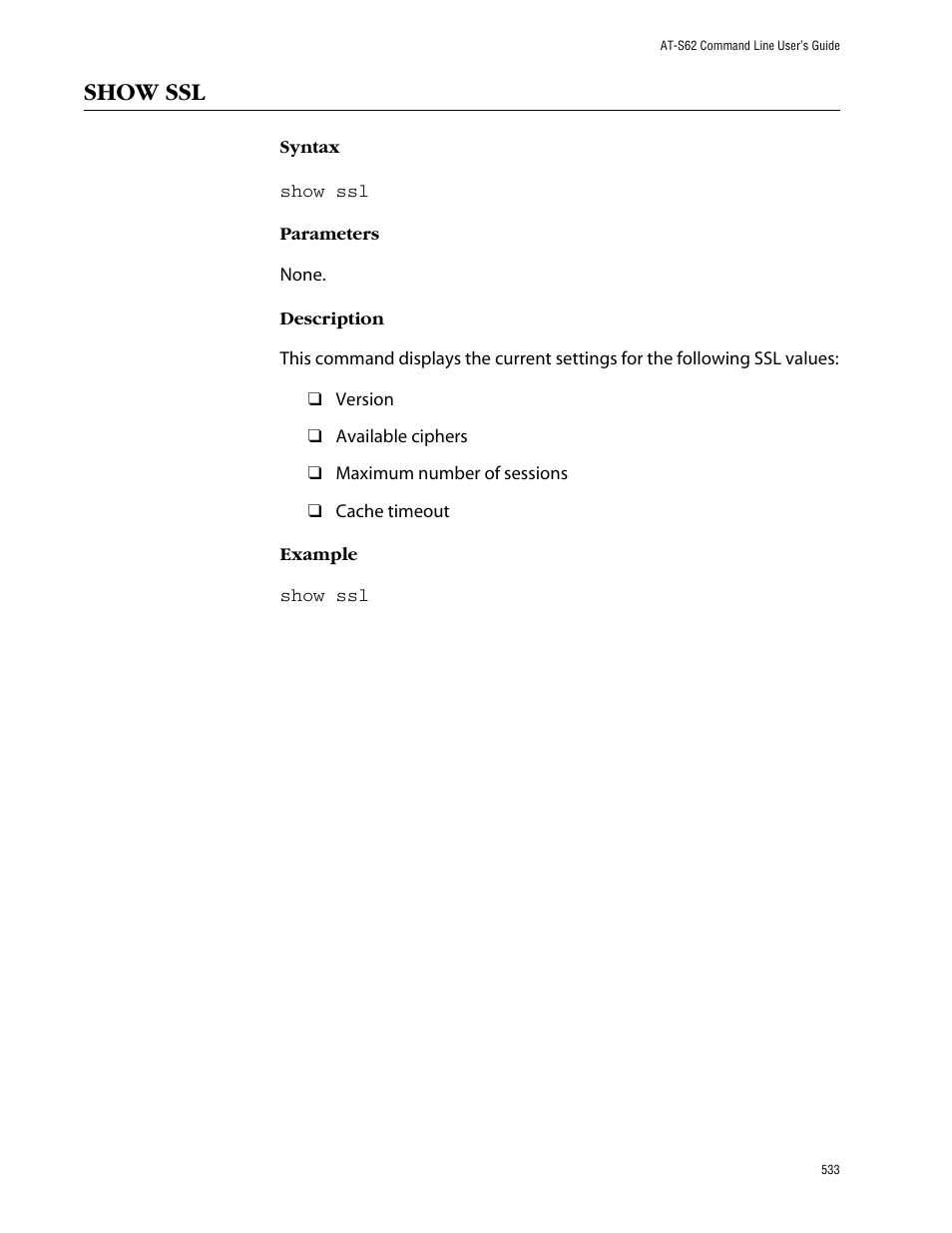 Show ssl | Allied Telesis AT-S62 User Manual | Page 533 / 573