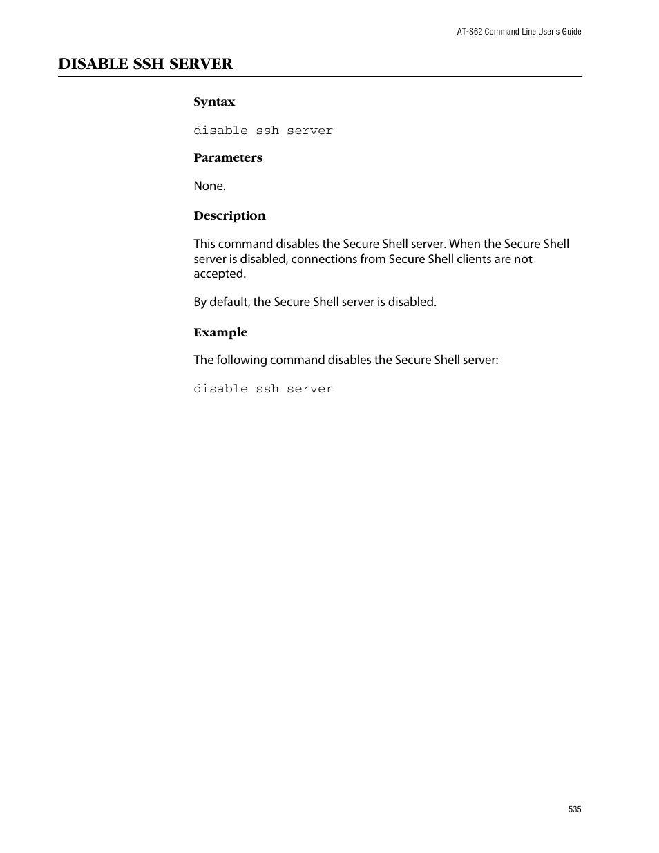 Disable ssh server | Allied Telesis AT-S62 User Manual | Page 535 / 573