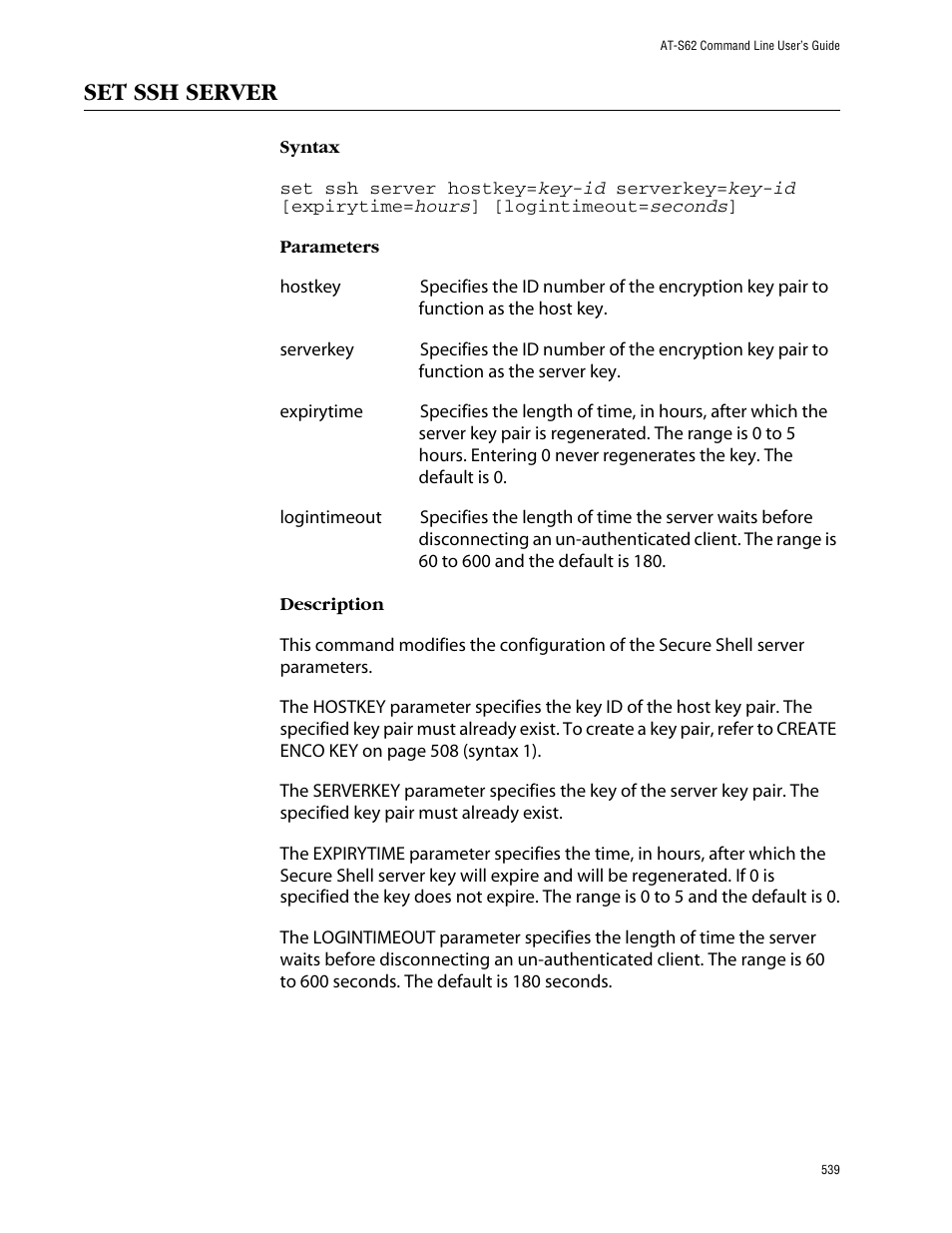 Set ssh server | Allied Telesis AT-S62 User Manual | Page 539 / 573