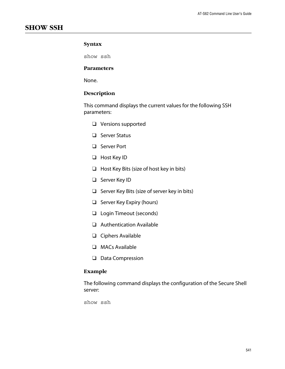 Show ssh | Allied Telesis AT-S62 User Manual | Page 541 / 573