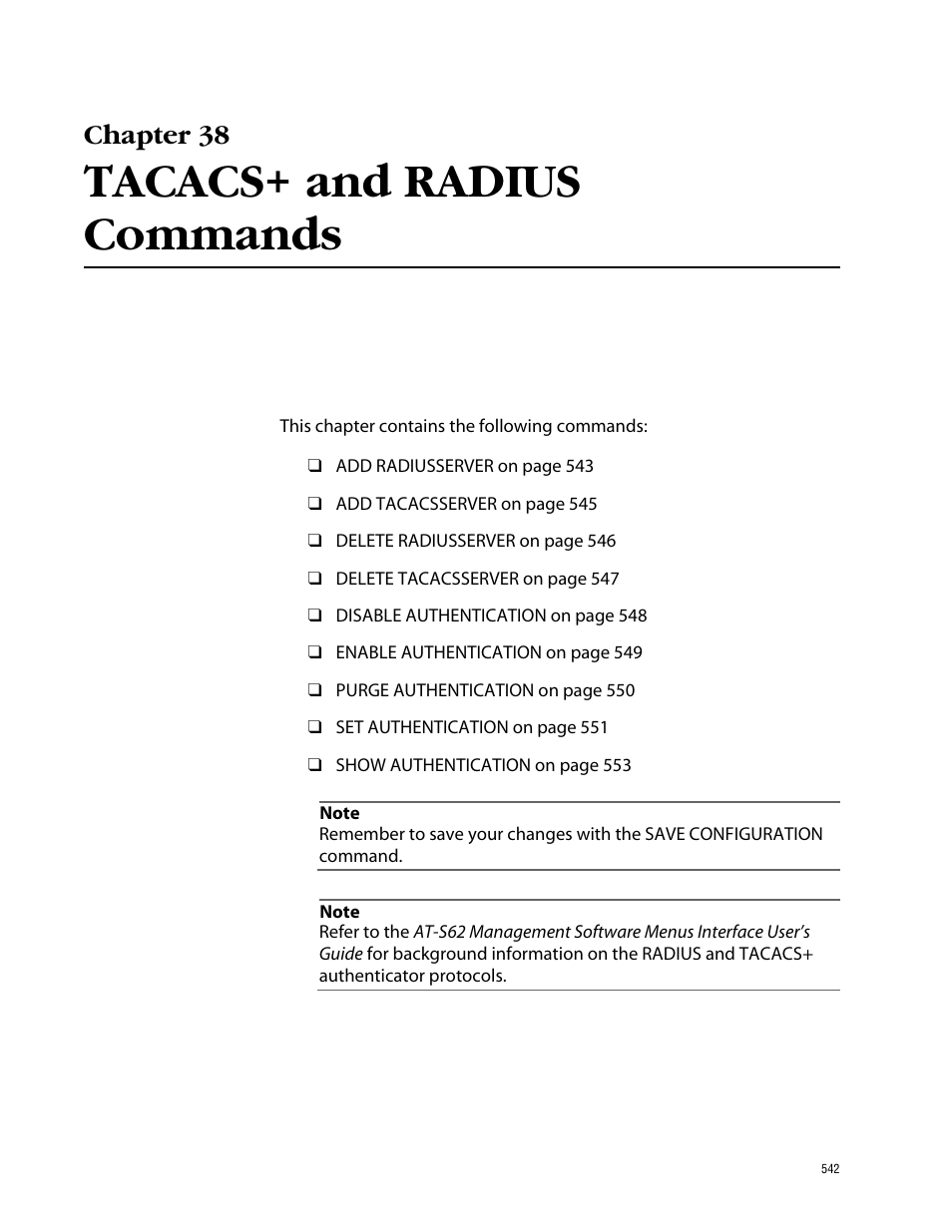 Chapter 38, Tacacs+ and radius commands | Allied Telesis AT-S62 User Manual | Page 542 / 573