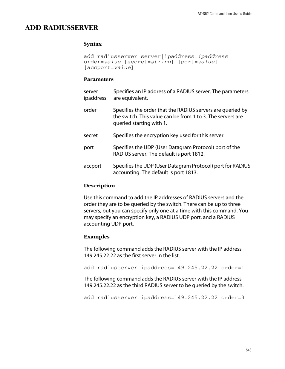 Add radiusserver | Allied Telesis AT-S62 User Manual | Page 543 / 573