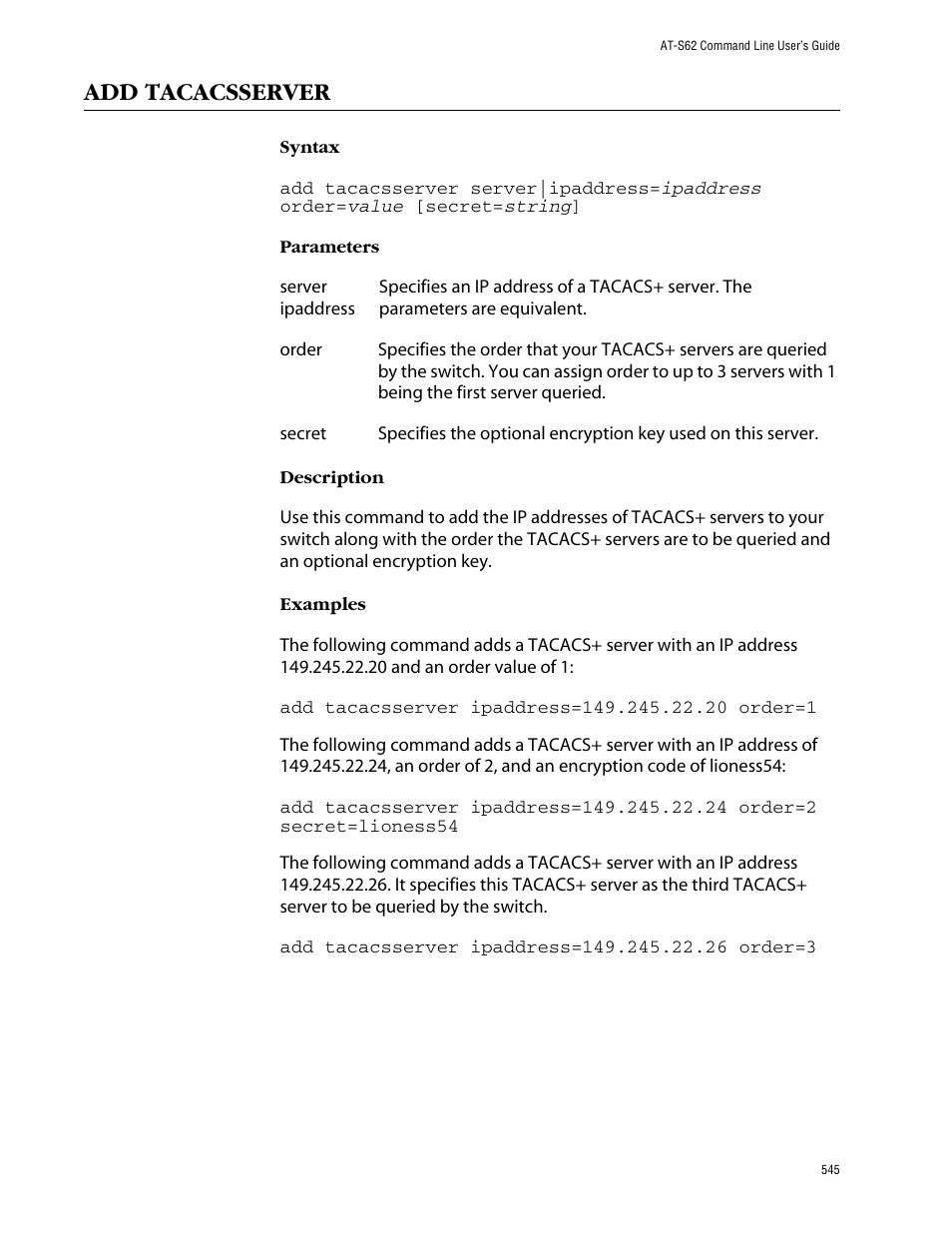 Add tacacsserver | Allied Telesis AT-S62 User Manual | Page 545 / 573