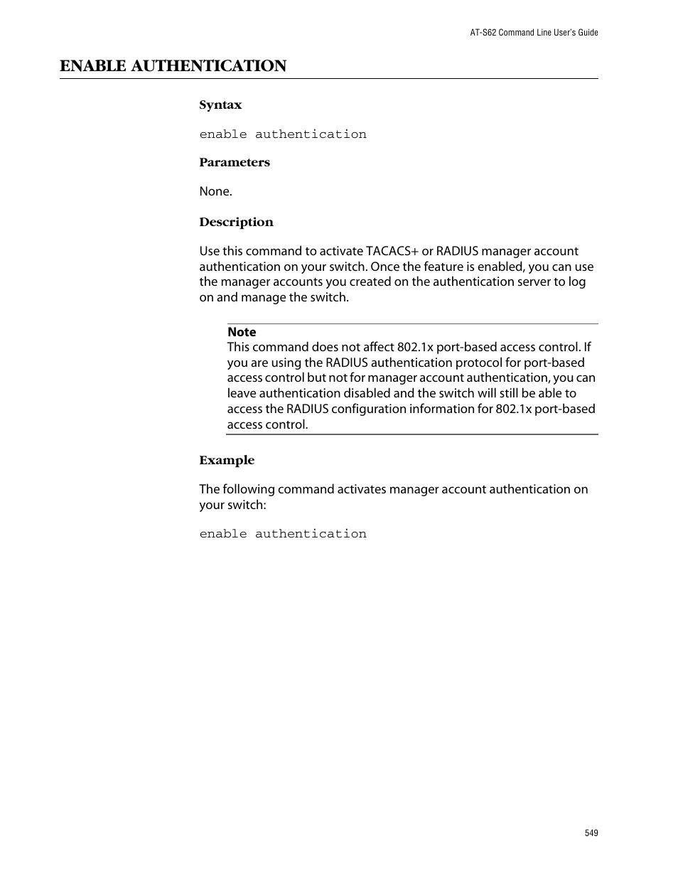 Enable authentication | Allied Telesis AT-S62 User Manual | Page 549 / 573