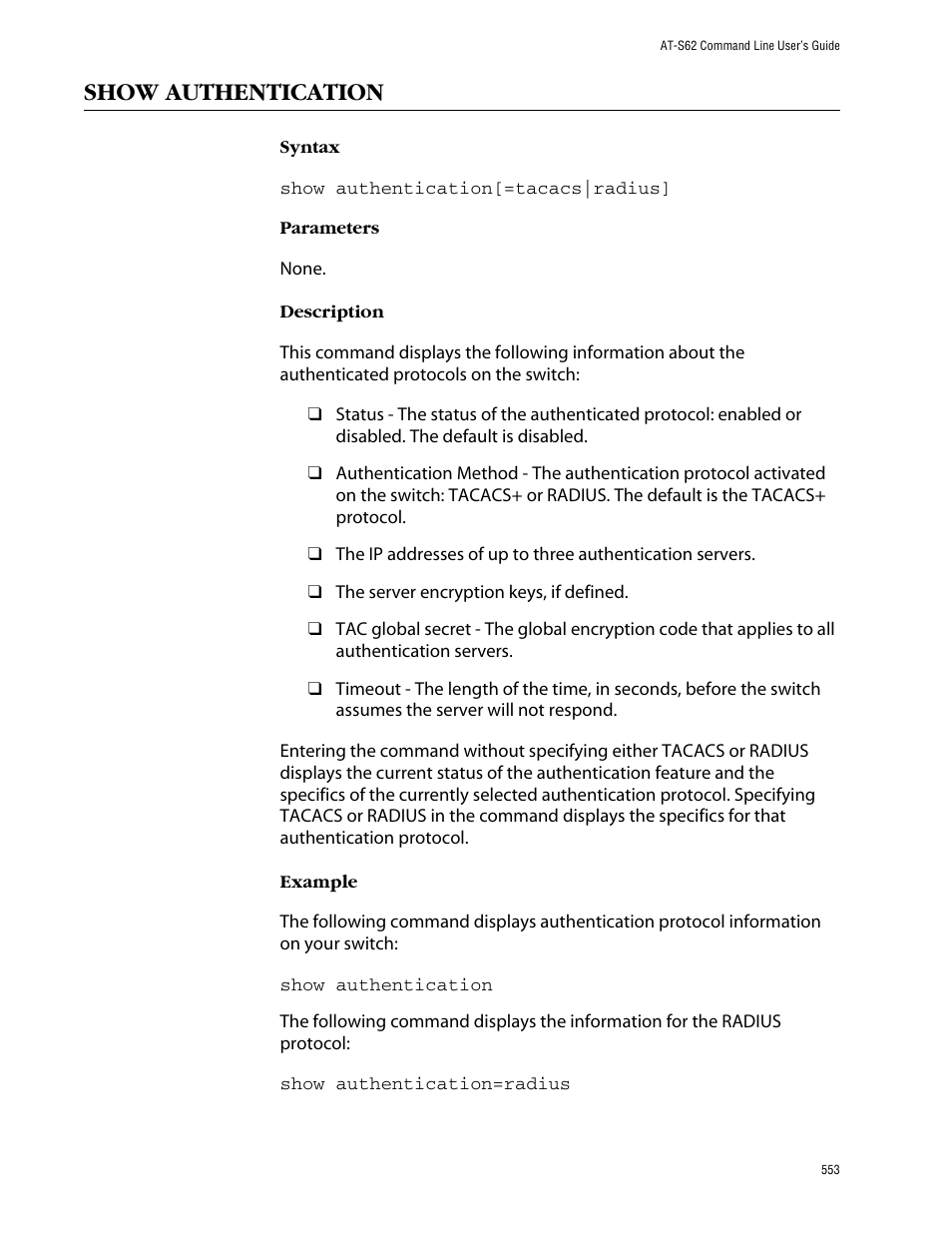 Show authentication | Allied Telesis AT-S62 User Manual | Page 553 / 573