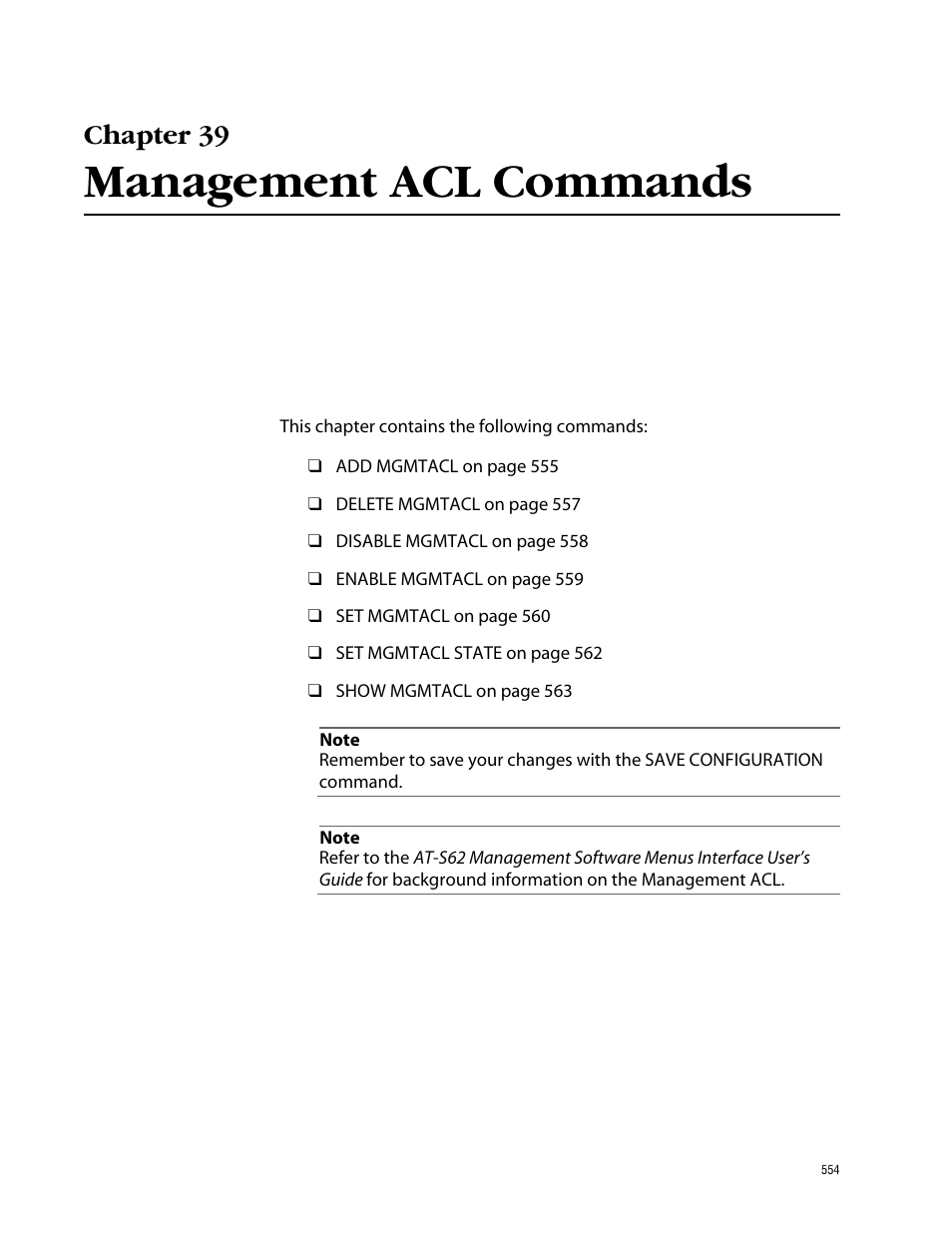 Chapter 39, Management acl commands | Allied Telesis AT-S62 User Manual | Page 554 / 573