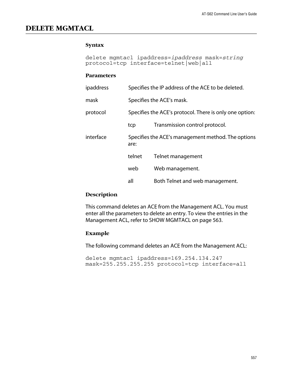 Delete mgmtacl | Allied Telesis AT-S62 User Manual | Page 557 / 573