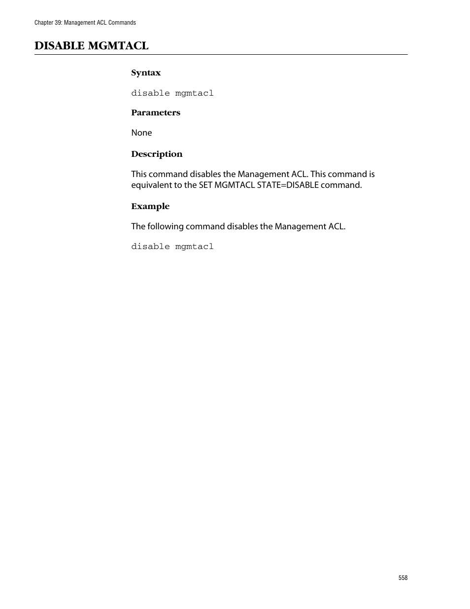 Disable mgmtacl | Allied Telesis AT-S62 User Manual | Page 558 / 573