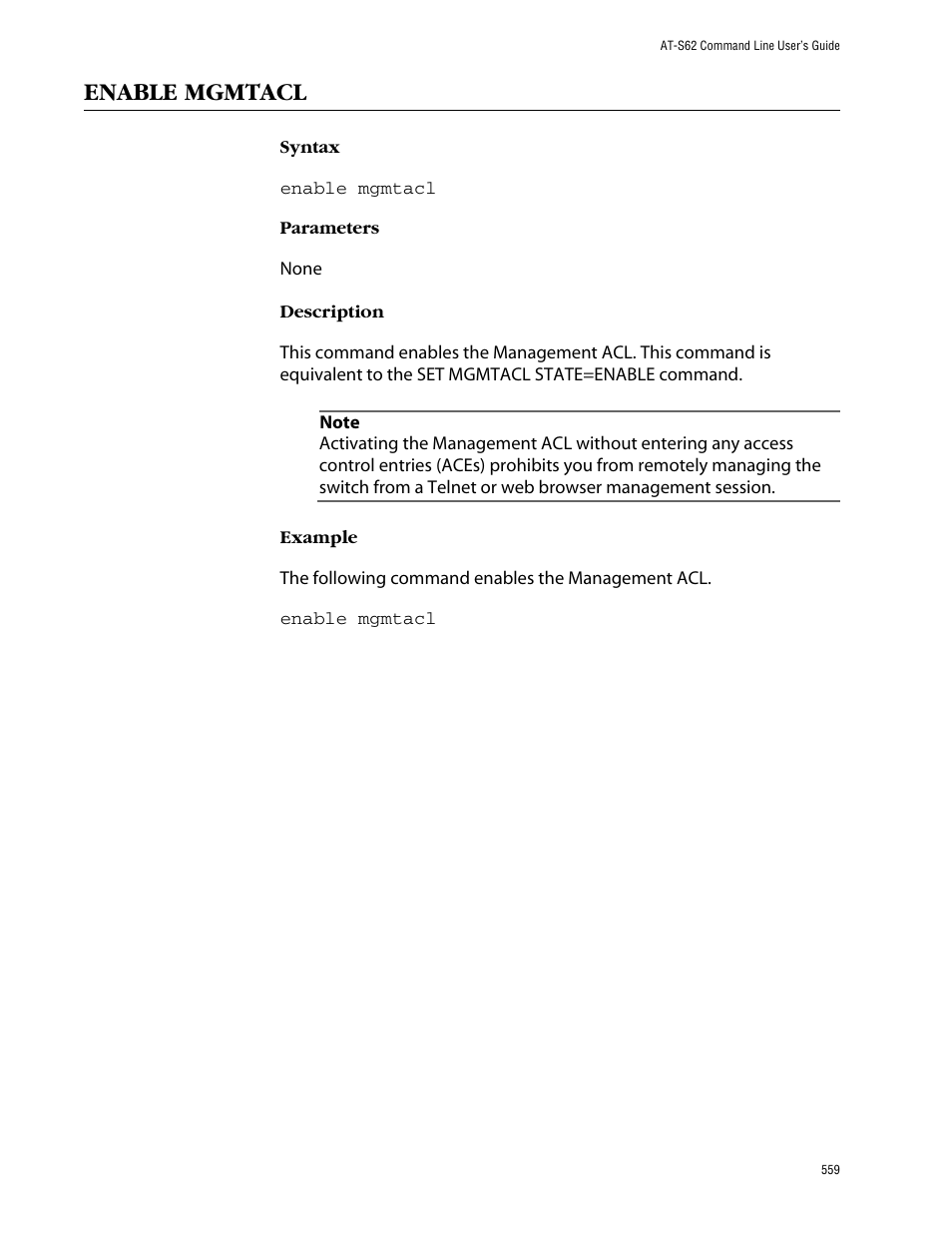 Enable mgmtacl | Allied Telesis AT-S62 User Manual | Page 559 / 573