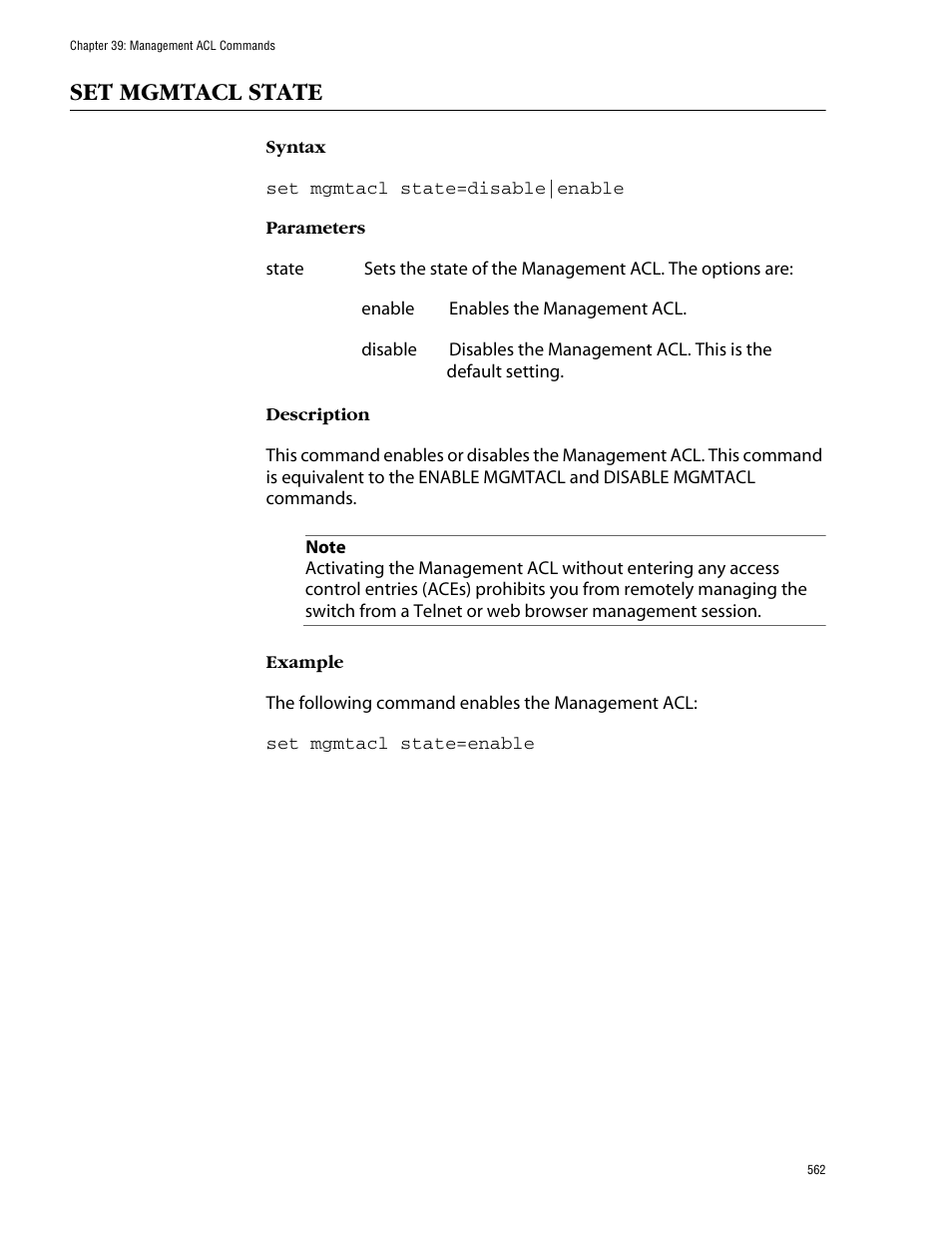 Set mgmtacl state | Allied Telesis AT-S62 User Manual | Page 562 / 573