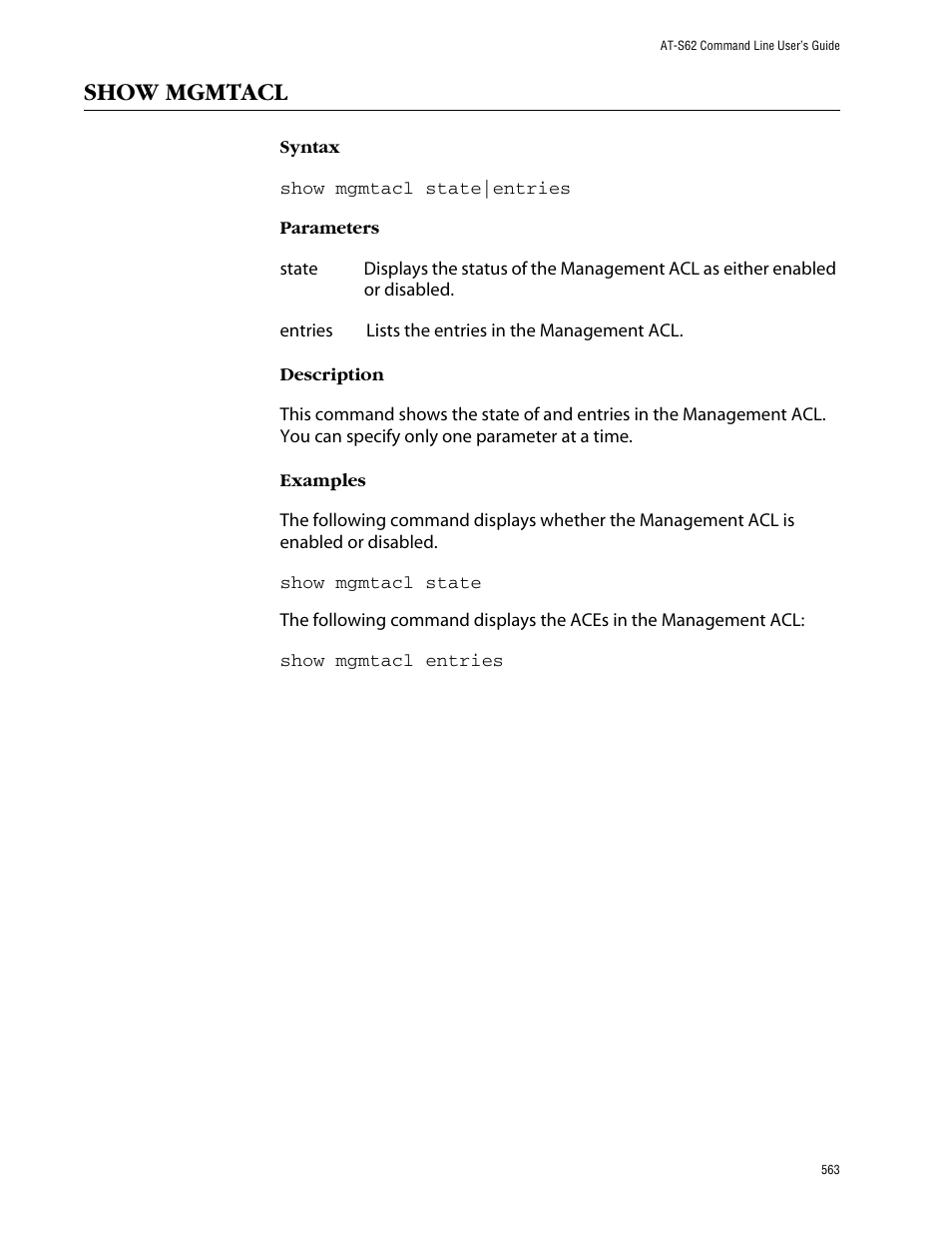 Show mgmtacl | Allied Telesis AT-S62 User Manual | Page 563 / 573