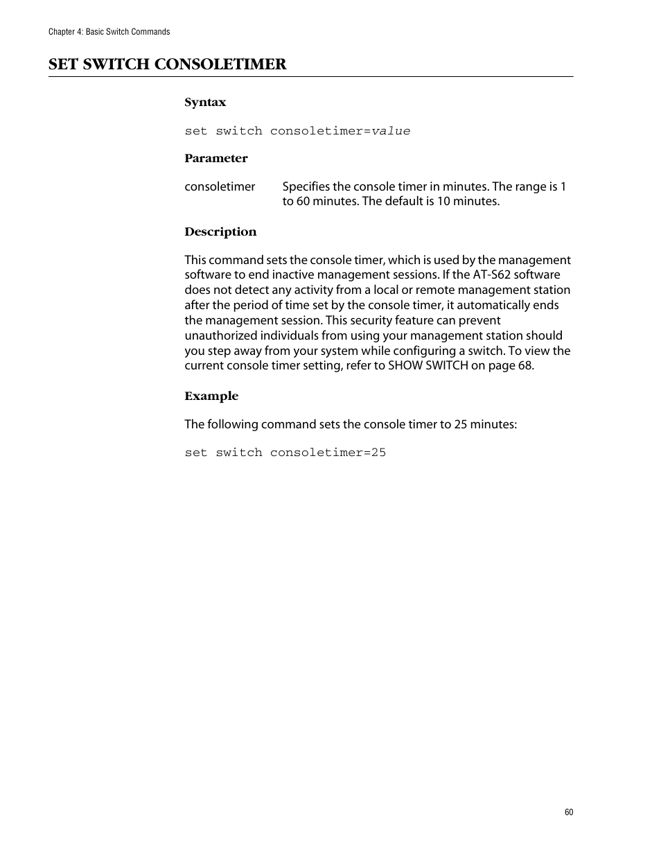 Set switch consoletimer | Allied Telesis AT-S62 User Manual | Page 60 / 573