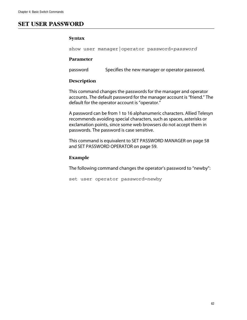 Set user password | Allied Telesis AT-S62 User Manual | Page 62 / 573