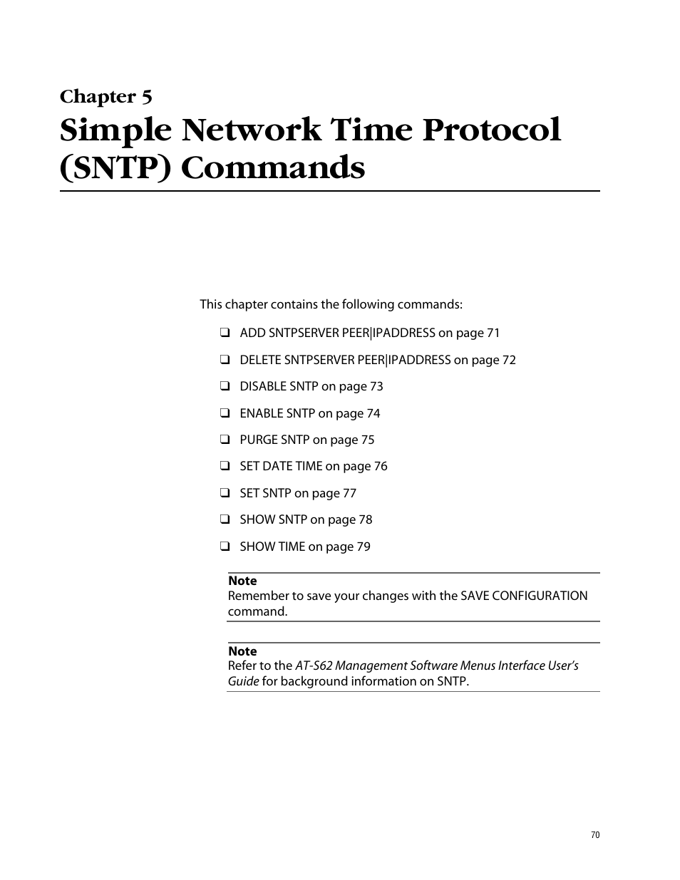 Chapter 5, Simple network time protocol (sntp) commands | Allied Telesis AT-S62 User Manual | Page 70 / 573