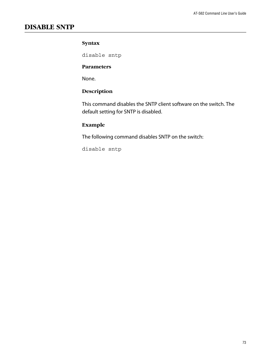 Disable sntp | Allied Telesis AT-S62 User Manual | Page 73 / 573