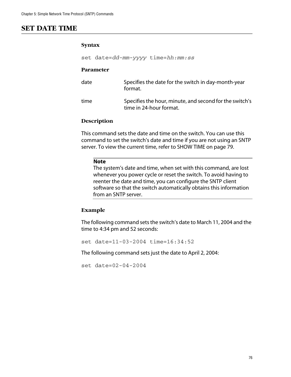 Set date time | Allied Telesis AT-S62 User Manual | Page 76 / 573