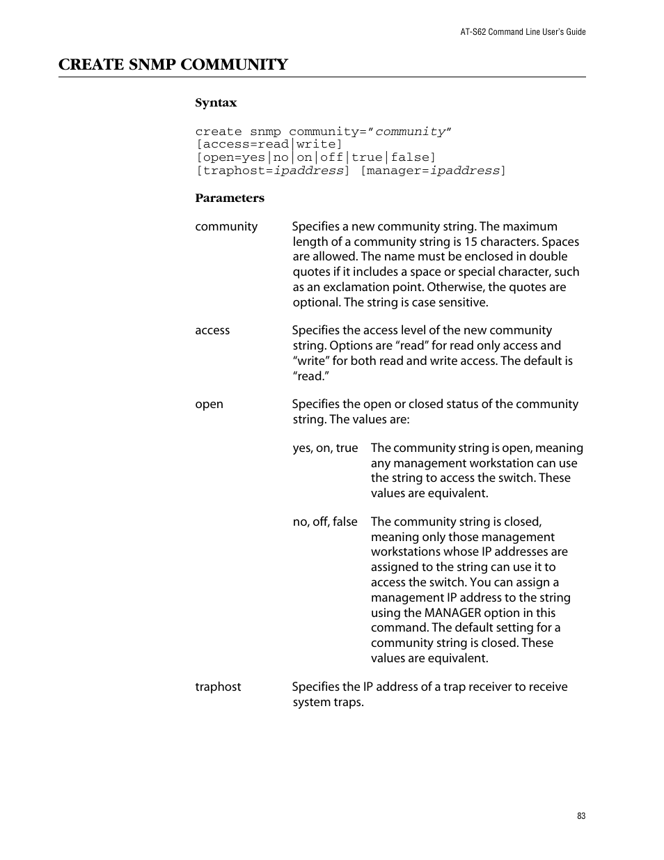 Create snmp community | Allied Telesis AT-S62 User Manual | Page 83 / 573