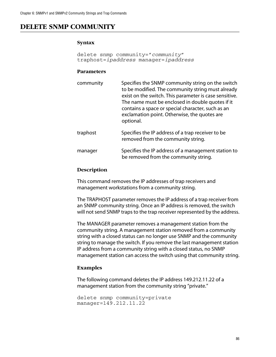 Delete snmp community | Allied Telesis AT-S62 User Manual | Page 86 / 573