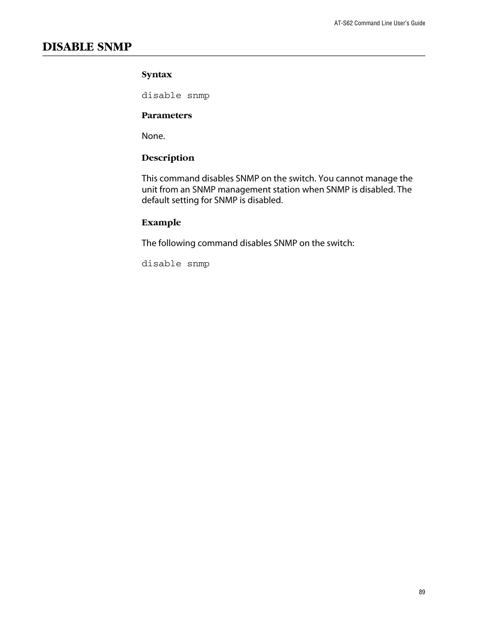 Disable snmp | Allied Telesis AT-S62 User Manual | Page 89 / 573