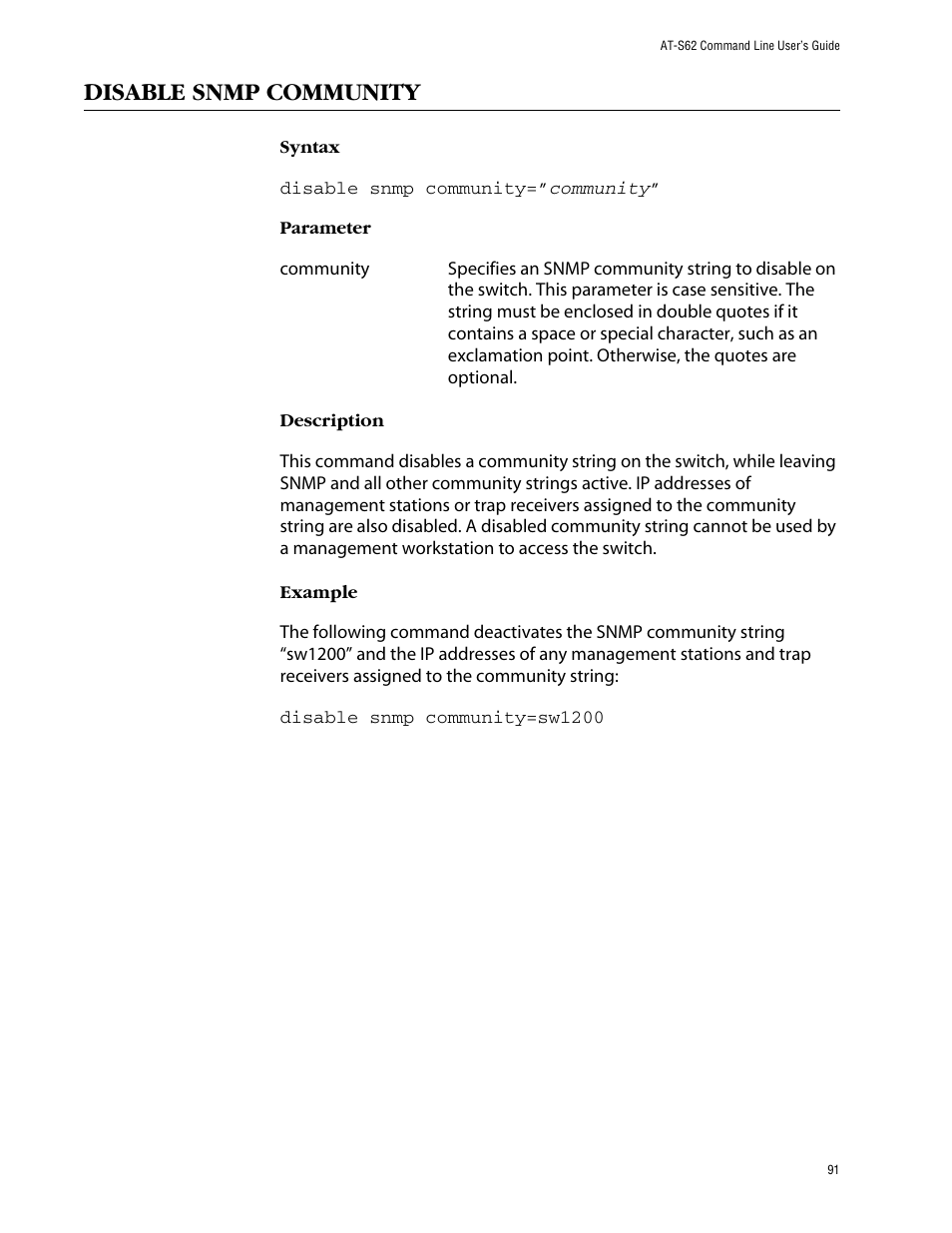 Disable snmp community | Allied Telesis AT-S62 User Manual | Page 91 / 573