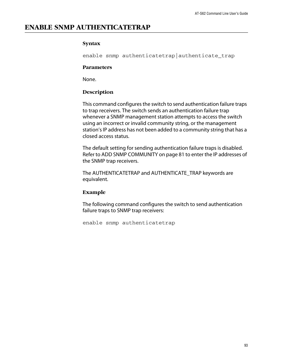 Enable snmp authenticatetrap | Allied Telesis AT-S62 User Manual | Page 93 / 573