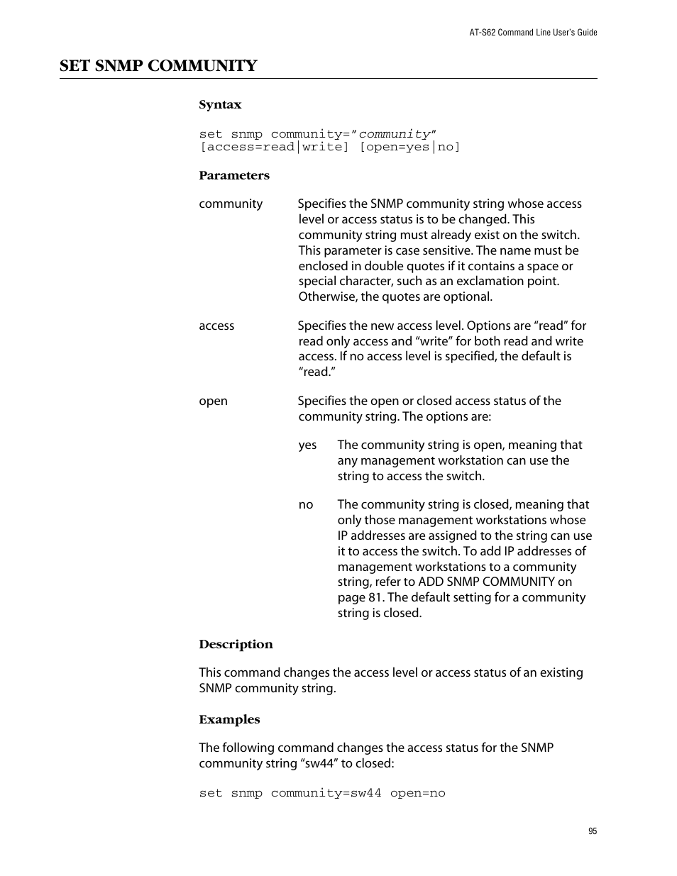 Set snmp community | Allied Telesis AT-S62 User Manual | Page 95 / 573