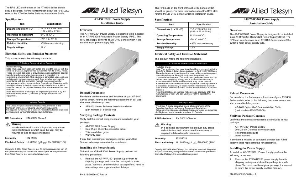 Allied Telesis AT-PWR3201 User Manual | 2 pages